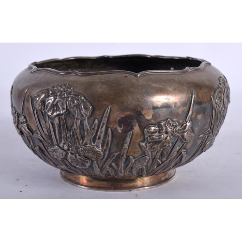 2002 - A LATE 19TH CENTURY JAPANESE MEIJI PERIOD EMBOSSED SILVER BOWL decorative in relief with flowers. 23... 