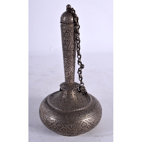 2005 - A 19TH CENTURY INDIAN PERSIAN SILVER ROSE WATER BOTTLE AND COVER decorative with foliage and vines. ... 