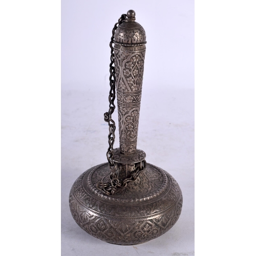 2005 - A 19TH CENTURY INDIAN PERSIAN SILVER ROSE WATER BOTTLE AND COVER decorative with foliage and vines. ... 