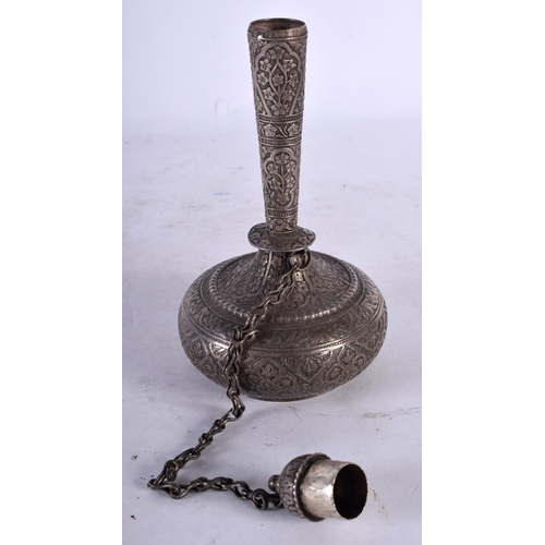 2005 - A 19TH CENTURY INDIAN PERSIAN SILVER ROSE WATER BOTTLE AND COVER decorative with foliage and vines. ... 