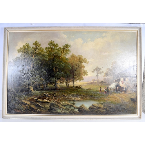 3165 - A large framed oil on board depicting a rural scene 66 x 104 cm