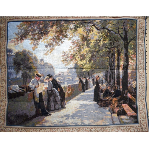 3172 - A French tapestry depicting a 19th Century scene of the Seine together with two other smaller tapest... 