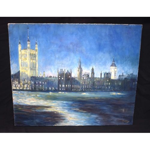 3196 - An oil on canvas of Houses Of Parliament signed Graham 63 X 76cm.