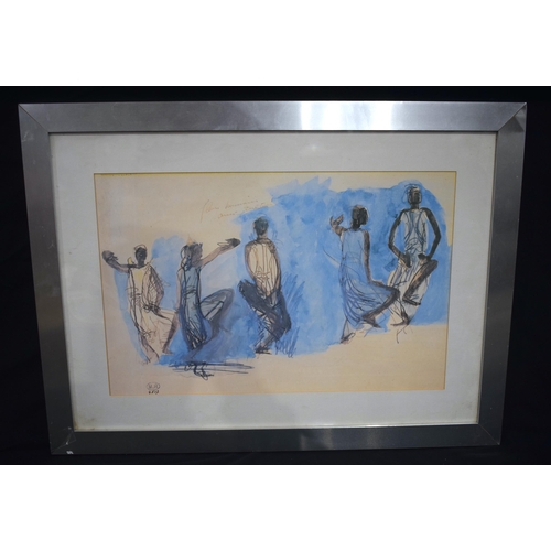 3199 - A framed print depicting dancing figures signed a monogram M.R 35 X 54cm.