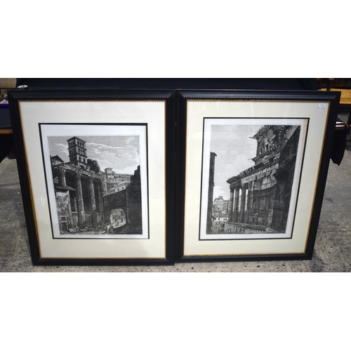 3200 - A pair of framed antique etchings of Italian street scenes 60 X 49cm.