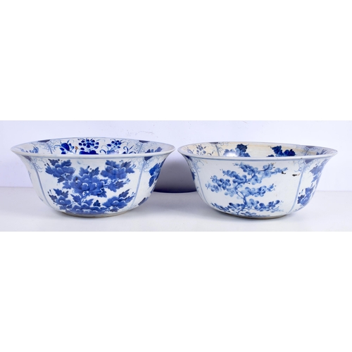 3336 - A pair of Large Chinese Porcelain blue and white bowls 16 x 38 cm. (2).