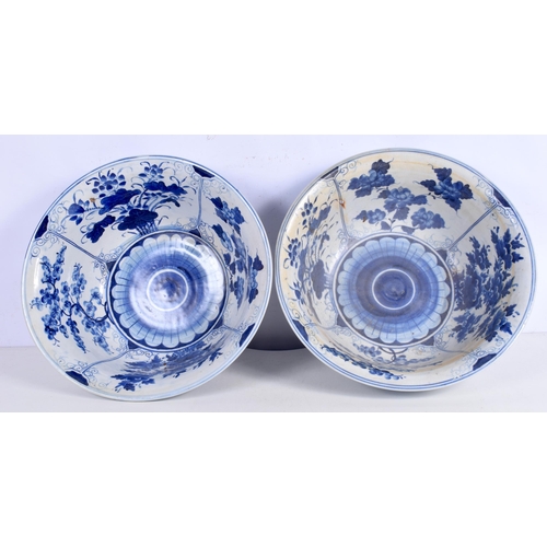 3336 - A pair of Large Chinese Porcelain blue and white bowls 16 x 38 cm. (2).