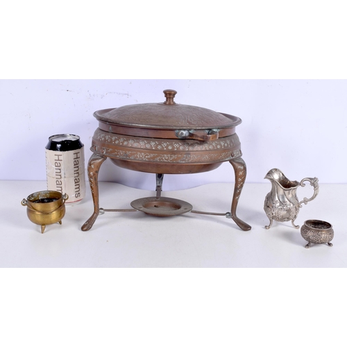 3373 - A Central Asian embossed copper cooking pot etc 22 x 30 cm. (4)