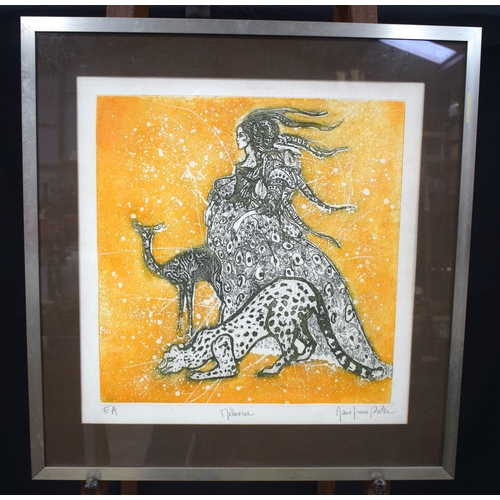 3382 - A large framed Abstract print of a female and animals 50 x 48 cm.