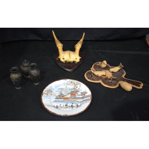 3629 - A Roe Deer mounted skull together with a novelty birds feeding paddle and three Japanese bronze vase... 