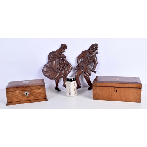 3630 - A pair of South American wooden carvings together with an antique oak lidded box and a Mahogany inla... 