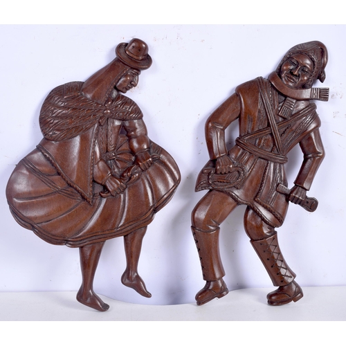 3630 - A pair of South American wooden carvings together with an antique oak lidded box and a Mahogany inla... 