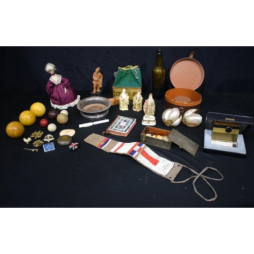 3729 - A Miscellaneous collection , antique collar box, Croquet balls, a bisque head doll ,Dudgeon beer bot... 