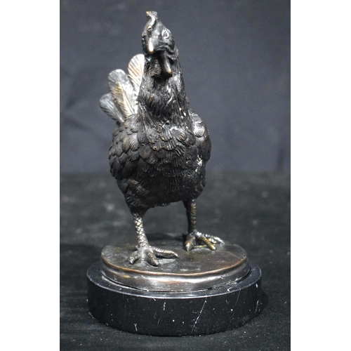 3742 - A bronze Cockerel on a marble plinth 19 x13cm