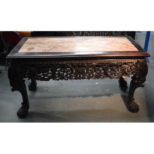 3752 - AN IMPORTANT PAIR OF EXCEPTIONAL 19TH CENTURY CHINESE CARVED HARDWOOD MARBLE INSET CONSOLE TABLES Qi... 