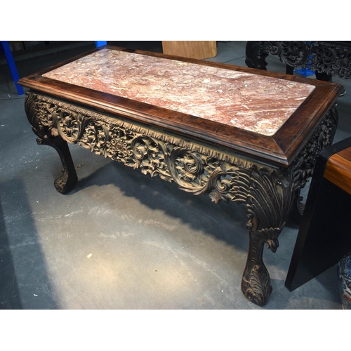 3752 - AN IMPORTANT PAIR OF EXCEPTIONAL 19TH CENTURY CHINESE CARVED HARDWOOD MARBLE INSET CONSOLE TABLES Qi... 