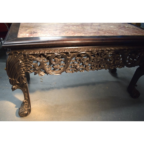 3752 - AN IMPORTANT PAIR OF EXCEPTIONAL 19TH CENTURY CHINESE CARVED HARDWOOD MARBLE INSET CONSOLE TABLES Qi... 