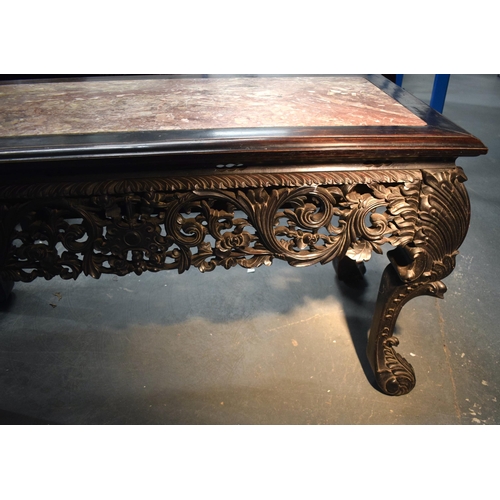 3752 - AN IMPORTANT PAIR OF EXCEPTIONAL 19TH CENTURY CHINESE CARVED HARDWOOD MARBLE INSET CONSOLE TABLES Qi... 