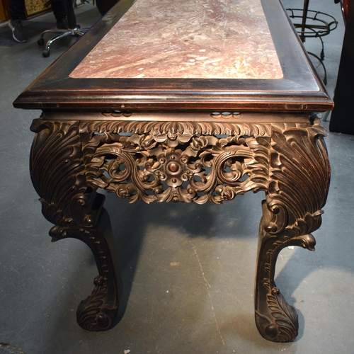 3752 - AN IMPORTANT PAIR OF EXCEPTIONAL 19TH CENTURY CHINESE CARVED HARDWOOD MARBLE INSET CONSOLE TABLES Qi... 