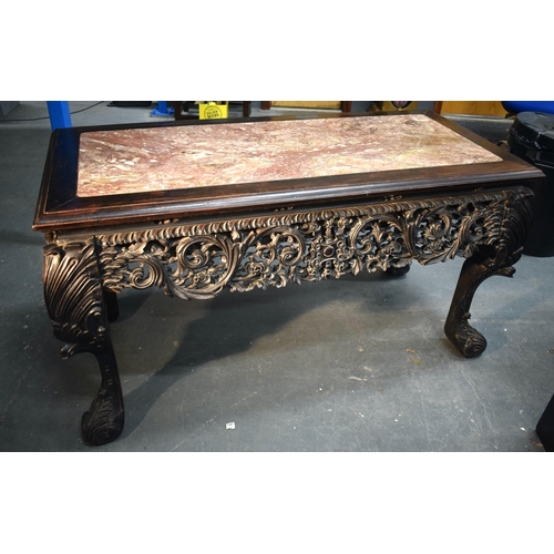 3752 - AN IMPORTANT PAIR OF EXCEPTIONAL 19TH CENTURY CHINESE CARVED HARDWOOD MARBLE INSET CONSOLE TABLES Qi... 