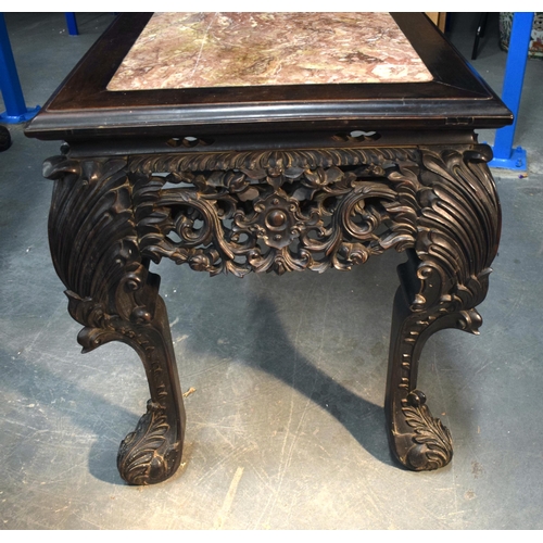 3752 - AN IMPORTANT PAIR OF EXCEPTIONAL 19TH CENTURY CHINESE CARVED HARDWOOD MARBLE INSET CONSOLE TABLES Qi... 