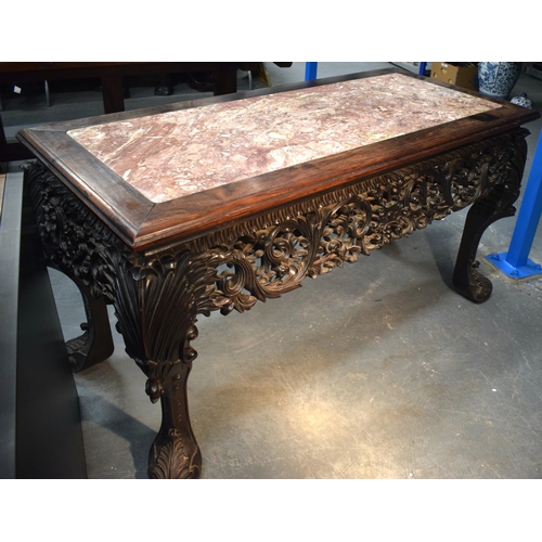 3752 - AN IMPORTANT PAIR OF EXCEPTIONAL 19TH CENTURY CHINESE CARVED HARDWOOD MARBLE INSET CONSOLE TABLES Qi... 