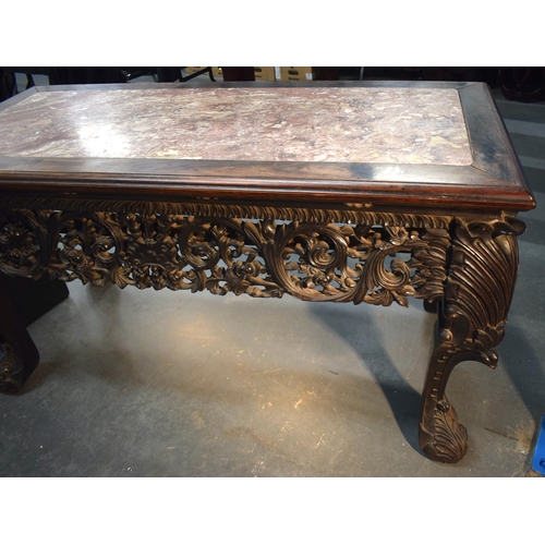 3752 - AN IMPORTANT PAIR OF EXCEPTIONAL 19TH CENTURY CHINESE CARVED HARDWOOD MARBLE INSET CONSOLE TABLES Qi... 