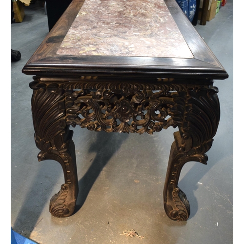 3752 - AN IMPORTANT PAIR OF EXCEPTIONAL 19TH CENTURY CHINESE CARVED HARDWOOD MARBLE INSET CONSOLE TABLES Qi... 