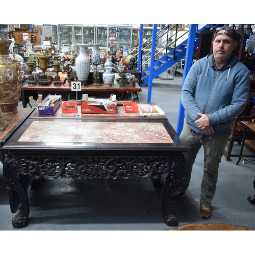 3752 - AN IMPORTANT PAIR OF EXCEPTIONAL 19TH CENTURY CHINESE CARVED HARDWOOD MARBLE INSET CONSOLE TABLES Qi... 