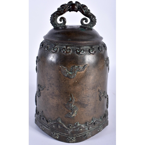 100 - AN 18TH CENTURY JAPANESE EDO PERIOD BRONZE BELL overlaid with clouds and rui motifs, the handles for... 