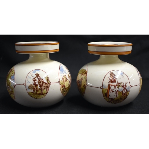 15 - A RARE PAIR OF WEDGWOOD SINGLE HANDLED VASES by Emile Aubert Lessore, painted with rural scenes. 9 c... 