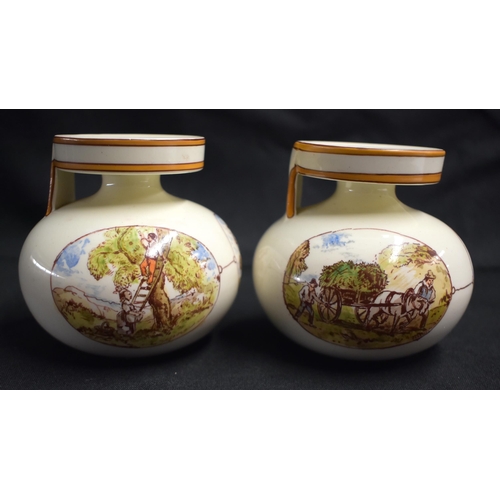 15 - A RARE PAIR OF WEDGWOOD SINGLE HANDLED VASES by Emile Aubert Lessore, painted with rural scenes. 9 c... 