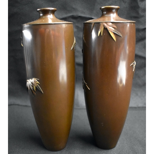 20 - A FINE PAIR OF 19TH CENTURY JAPANESE MEIJI PERIOD BRONZE ONLAID VASES by Miyabe Atsuyoshi, depicting... 