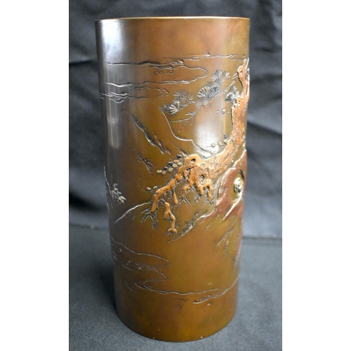 21 - AN UNUSUAL 19TH CENTURY JAPANESE MEIJI PERIOD BRONZE SILVER ONLAID NAGOYA VASE of cylindrical form, ... 