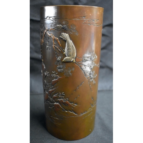 21 - AN UNUSUAL 19TH CENTURY JAPANESE MEIJI PERIOD BRONZE SILVER ONLAID NAGOYA VASE of cylindrical form, ... 