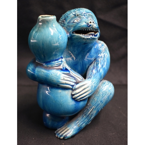 29 - AN UNUSUAL 19TH CENTURY CHINESE BLUE GLAZED PORCELAIN MONKEY GOURD VASE or possibly Burmantofts. 17 ... 