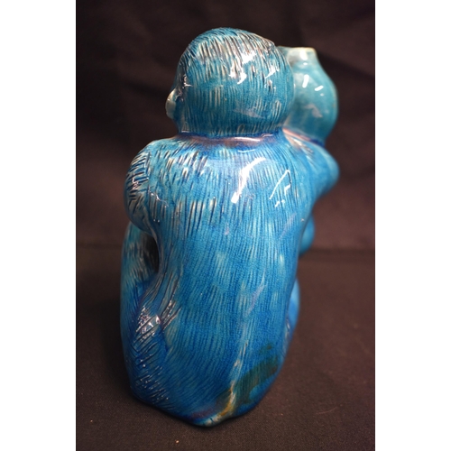 29 - AN UNUSUAL 19TH CENTURY CHINESE BLUE GLAZED PORCELAIN MONKEY GOURD VASE or possibly Burmantofts. 17 ... 