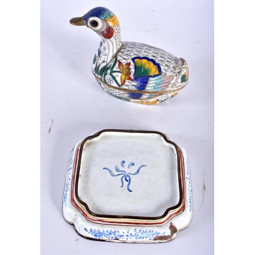 293 - A Canton Enamel Pin Dish and Duck Box.  Dish 9.5cm x 9.7cm x 1.5cm (2)