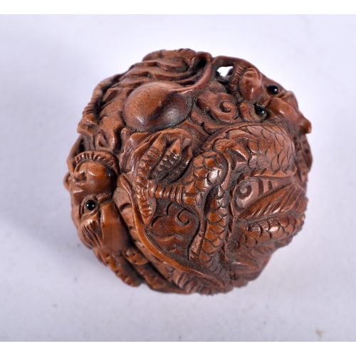 295 - Three Japanese Hand Carved Netsuke (Snake, Bat and Dragon Chasing Flaming Pearl). Largest 4.5cm x 3.... 