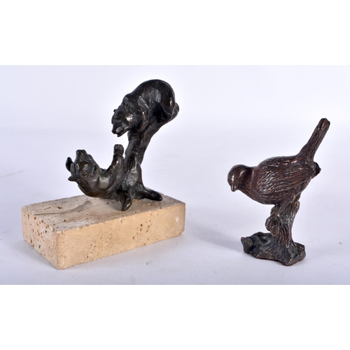 296 - A SIGGY PUCHTA BRONZE SCULPTURE OF TWO BEARS IN A TREE, on stone base, sticker to the base 'original... 