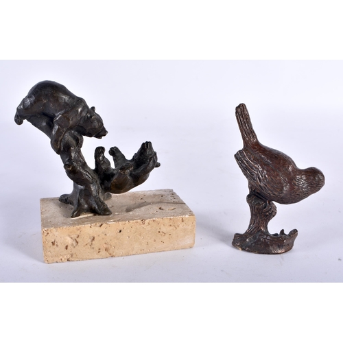 296 - A SIGGY PUCHTA BRONZE SCULPTURE OF TWO BEARS IN A TREE, on stone base, sticker to the base 'original... 