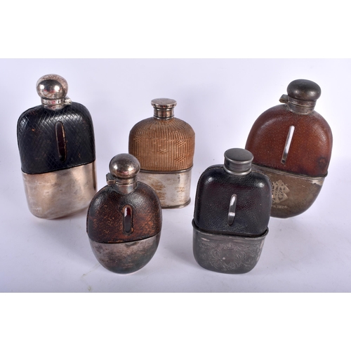 300 - Five Antique Hip Flasks.  Largest 16cm x 7.5cm x 3.1cm (5)