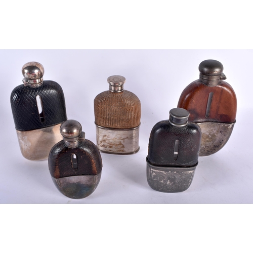 300 - Five Antique Hip Flasks.  Largest 16cm x 7.5cm x 3.1cm (5)