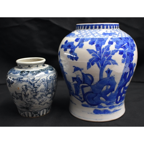 32 - A 19TH CENTURY CHINESE BLUE AND WHITE KANGXI REVIVAL VASE bearing Kangxi marks to base, together wit... 