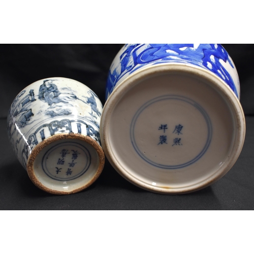 32 - A 19TH CENTURY CHINESE BLUE AND WHITE KANGXI REVIVAL VASE bearing Kangxi marks to base, together wit... 