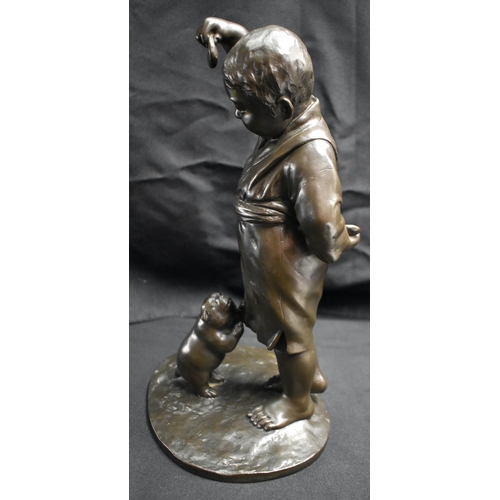 36 - A LARGE 19TH CENTURY JAPANESE MEIJI PERIOD BRONZE OKIMONO by Masaaki, modelled as a boy teasing a ch... 