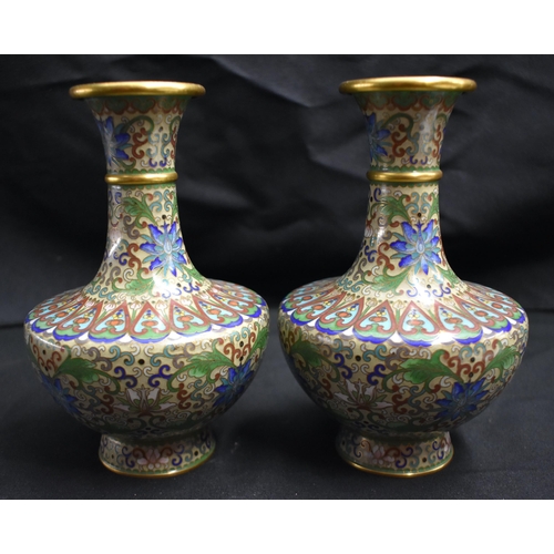 37 - A PAIR OF EARLY 20TH CENTURY CHINESE CLOISONNE ENAMEL VASES Late Qing/Republic, decorated with folia... 