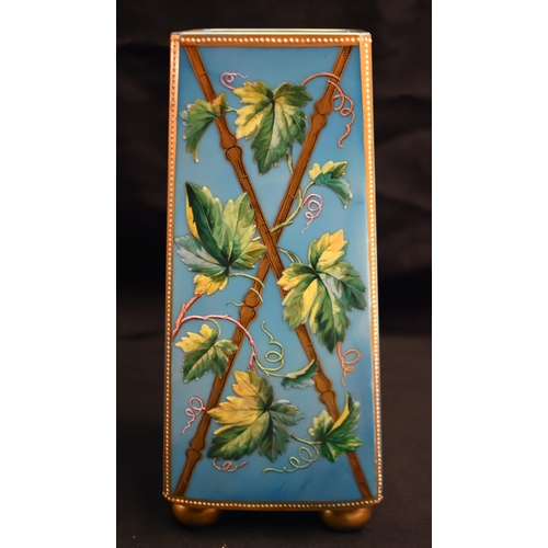 39 - A LOVELY VICTORIAN ENAMELLED BLUE GLASS VASE of square tapered form, painted with birds in a landsca... 