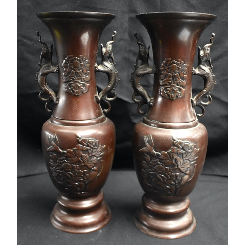 40 - A LARGE PAIR OF 19TH CENTURY JAPANESE MEIJI PERIOD BRONZE VASES decorated with birds and foliage. 35... 