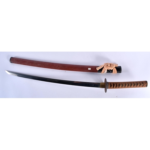 418 - A 19TH CENTURY JAPANESE MEIJI PERIOD RED LACQUERED KATANA. 84 cm long.  Buyers Note – we are unable ... 